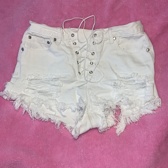 Peppermayo Pants - White Denim Lace Up Shorts
